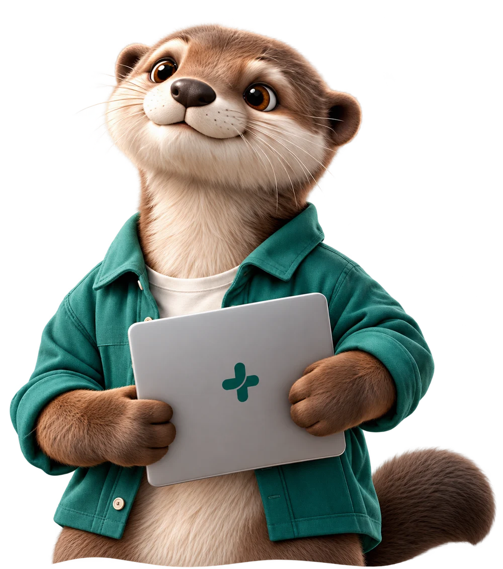 Digi, a mascote da Digiplus, com o seu portátil